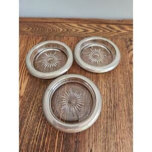 3 Glass Coasters LEONARD Italy Sterling Silver Plate Rim STARBURST MCM Vintage